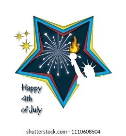 Happy 4th of July greeting card template with american symbols star, fireworks and liberty statue and text on white background. Paper cut out style vector illustration. 