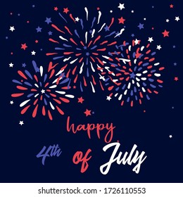Happy 4th Of July Greeting Card With Doodle Fireworks. Vintage Design Template.