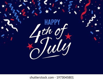 Happy 4th of July greeting card design template with red, white and blue confetti and stars. USA Independence day banner, poster, invitation vector illustration. Fourth of July American background