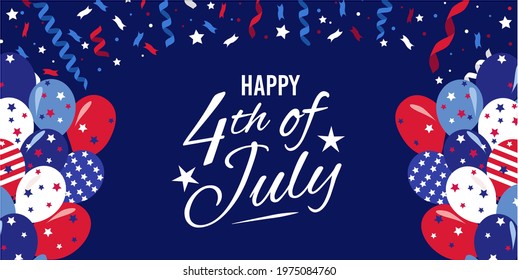 Happy 4th of July greeting card. USA Independence day design template for banner, sale, poster, flyer or party. Flat style vector illustration with confetti, ribbons. stars. Patriotic holiday design