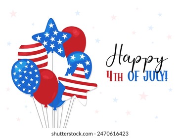 Happy 4th of July greeting card. USA Independence Day poster. Balloons bunch in American flag style. Vector illustration. United States holiday July 4 celebration