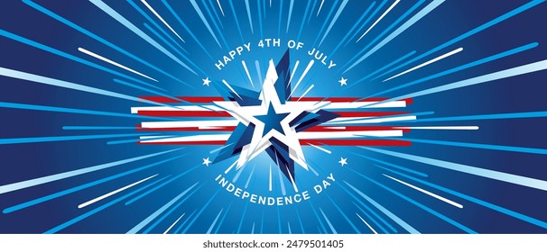 Happy 4th of July greeting card. Happy 4th of July USA Independence Day with sparkle firework shapes over red white ribbon and blue white USA star vector illustration greeting card