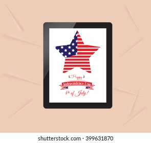 Happy 4th of July with greeting card in tablet