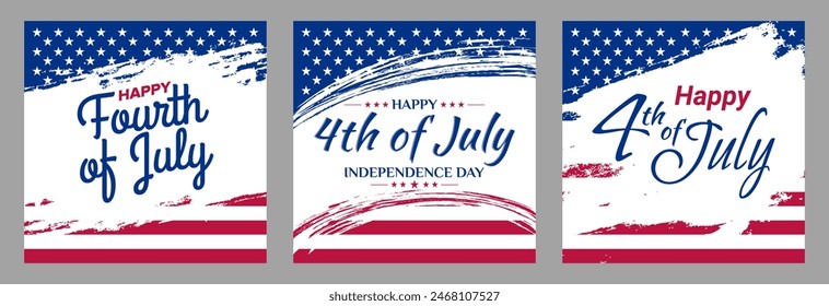 Happy 4th of July Greeting, set of abstract backgrounds waving USA flag background, fourth july sale, banner, posters, cover design templates, social media wallpaper stories