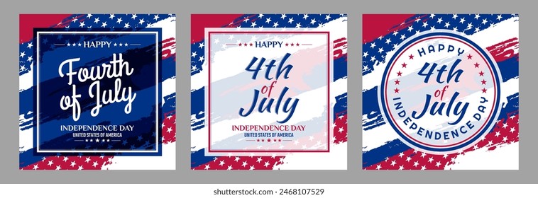 Happy 4th of July Greeting, set of abstract backgrounds waving USA flag background, fourth july sale, banner, posters, cover design templates, social media wallpaper stories
