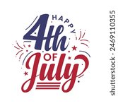 Happy 4th of July hand drawn lettering greeting card with celebration elements and red and blue calligraphy. 4th of July sticker, stamp, emblem. Fourth of July poster, banner, template, greeting card.