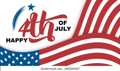 Happy 4th of July hand drawn quote isolated on white background, vector illustration. Handwritten calligraphic lettering, waving USA flags, Independence Day concept for greeting cards, banners, flyers