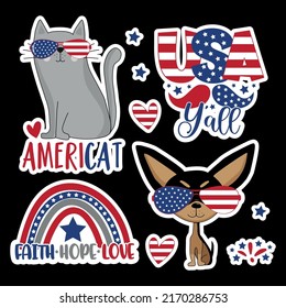 Happy 4th of July - hand drawn funny sticker set.