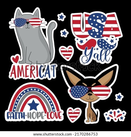 Happy 4th of July - hand drawn funny sticker set.