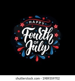 Happy 4th of July handwritten text on black chalkboard with stars. Vector illustration. Modern brush ink calligraphy, lettering for Independence Day in USA as greeting card, banner, poster, logo