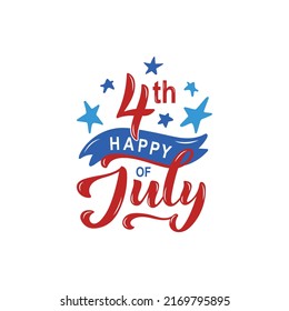 Happy 4th of July handwritten text, ribbon and stars. Vector illustration. Modern brush ink calligraphy, hand lettering typography for Independence Day in USA as greeting card, banner, poster, logo