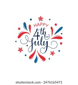 Happy 4th of July handwritten text isolated on white background. Vector illustration. Modern brush ink calligraphy, lettering for Independence Day in USA as greeting card, banner, poster, logo