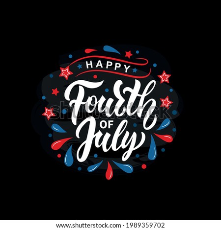 Happy 4th of July handwritten text on black chalkboard with stars. Vector illustration. Modern brush ink calligraphy, lettering for Independence Day in USA as greeting card, banner, poster, logo