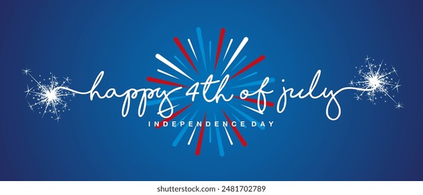 Happy 4th of July handwritten typography text. American Independence day with blue white red firework on blue background