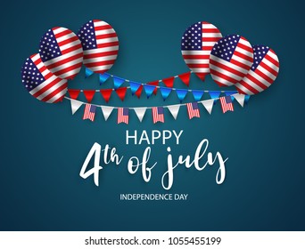 Happy 4th of July holiday banner. USA Independence Day Background. with Ribbon and Balloon
