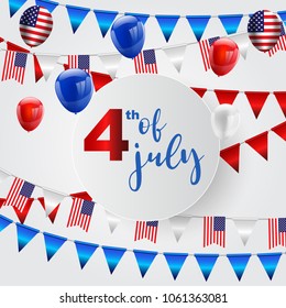 Happy 4th of July holiday banner. USA Independence Day Background. with Ribbon and Balloon