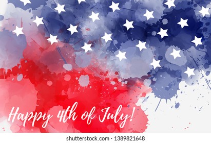 Happy 4th of July holiday in United States of America. Abstract watercolor background with stars in colors of USA flag.