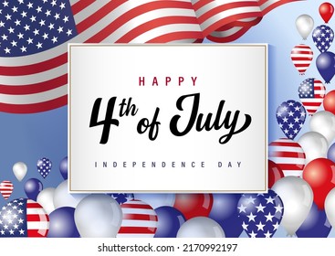 Happy 4th of July, holiday USA Independence Day. Fourth of July greeting card, decoration with balloons and US flag. Vector illustration with 3D elements for poster background