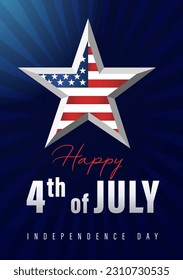Happy 4th of July Idependence Day USA, blue beams banner. American holiday design with US flag in star shape. Vector illustration