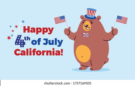 Happy 4th of July illustration - California state symbol bear mascot celebrates Independence Day with USA flags, holiday fireworks, United States stars and stripes - vector cartoon blue background