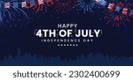 Happy 4th of July independence day USA banner template with firework and USA cityscape on a navy blue background. Vector illustration.