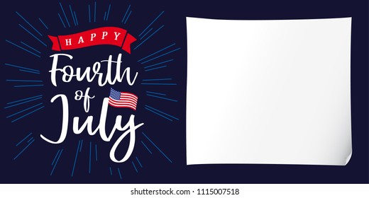 Happy 4th of July, Independence Day of USA, white paper and lettering poster. Happy Independence Day United States of America vector calligraphic design. Fourth of July sale illustration