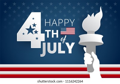 Happy 4th of July Independence Day USA blue background with liberty flames and the United States flag. 4th of July USA independence day celebration vector illustration