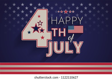 Happy 4th of July Independence Day USA design in retro / vintage style. Dark blue background, brown, red, beige colors - text Happy 4th of July, USA flag, very stylish vector greeting card