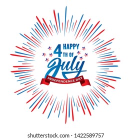 Happy 4th of July Independence day USA  handwritten phrase with stars, American flag and firework. Vector lettering illustration.