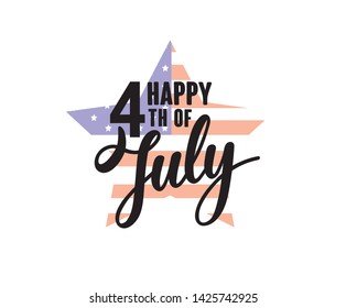 Happy 4th of July Independence day USA  handwritten phrase with American flag isolated on white background. Celebration lettering illustration. Vector illustration.