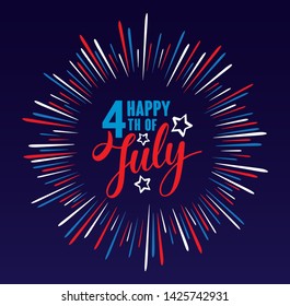 Happy 4th of July Independence day USA  handwritten phrase with stars, American flag and firework isolated on dark blue background. Vector lettering illustration.