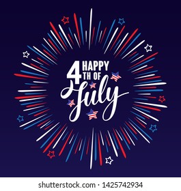 Happy 4th of July Independence day USA  handwritten phrase with stars, American flag and firework isolated on dark blue background. Vector lettering illustration.