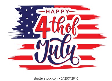 Happy 4th of July Independence day USA  handwritten phrase with American flag isolated on white background. Celebration lettering illustration. Vector illustration.