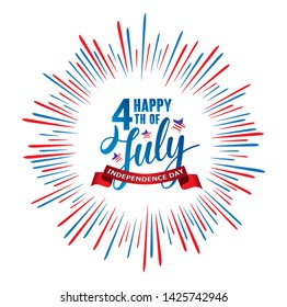 Happy 4th of July Independence day USA  handwritten phrase with stars, American flag and firework isolated on white background. Vector lettering illustration.