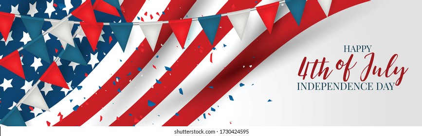 Happy 4th of July Independence Day celebration banner or header. USA national holiday design concept with a waving flag and bunting. Vector illustration.