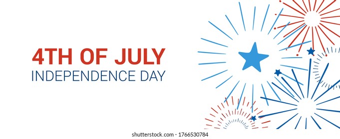 Happy 4th of July. Happy Independence Day vector banner. Festive hand drawn banner with fireworks. Vector illustration in traditional American colors: red, blue, white