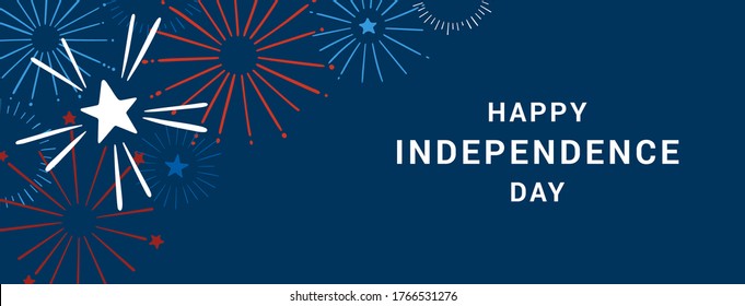 Happy 4th of July. Happy Independence Day vector banner. Festive hand drawn banner with fireworks. Vector illustration in traditional American colors: red, blue, white