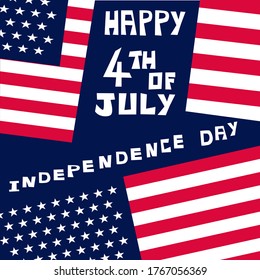 Happy 4th of July Independence Day white text on background of two flags cut apart in red blue and white with stars. Vector illustration for card, poster or banner