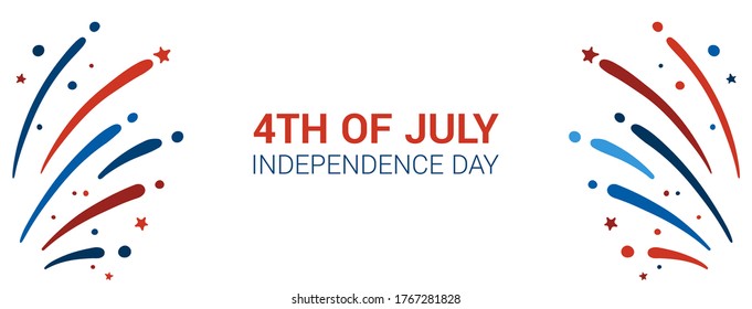 Happy 4th of July. Happy Independence Day vector banner. Festive hand drawn banner with fireworks. Vector illustration in traditional American colors: red, blue, white