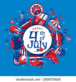 Happy 4th of July Independence Day in USA vector greeting card decor with food, drink, sweets, cupcake, ice cream, juice, cherry, watermelon, cake in red, blue and white American flag patriotic colors