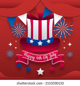 Happy 4th of july, independence day USA, America hat 3d poster greeting template background vector