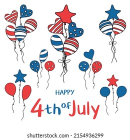 Happy 4th of July Independence Day. Celebration Set with the USA patriotic colored ballons. Vector illustration on white background.