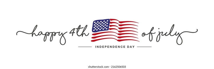 Happy 4th of july Independence day handwritten typography text USA abstract wavy flag white background banner