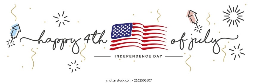 Happy 4th of july Independence day handwritten typography text USA abstract wavy flag firework ribbon and confetti white background banner