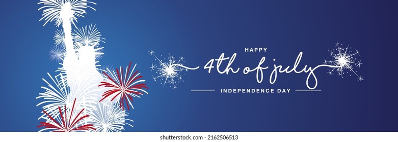 Happy 4th of july Independence day handwritten typography Liberty statue silhouette firework blue banner