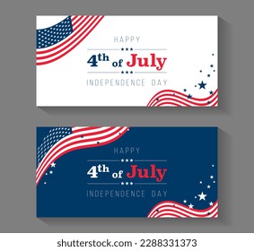 Happy 4th of July Independence day banners couple, stars and flags. American flag ribbon corner border vector illustration for USA Independence Day 4th of July holiday sale banners celebration posters