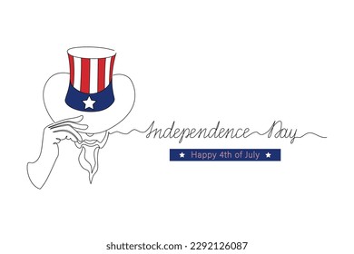 Happy 4th of July, Independence Day, greeting card drawn in one line.  Silhouette uncle Sam with hat, symbol holiday, text. Sketch. Hand drawn vector illustration.