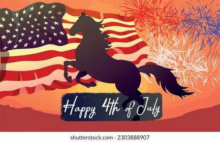 Happy 4th of July, independence day united states of america greeting banner card. silhouette of black stallion horse against the sunset and US American waving flag, patriotic proud background	