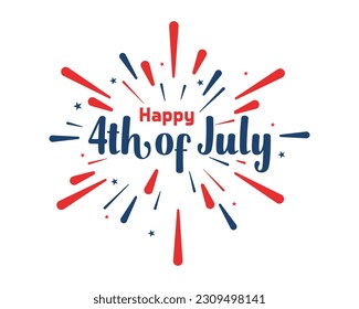 Happy 4th of July Independence day banner vector graphic. With national flag colors blue and red, stars and firework elements and calligraphic text