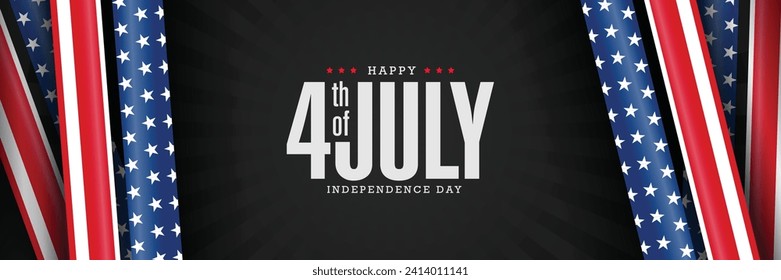 Happy 4th of July independence day, vector illustration. American flag ribbon with the greeting. Black background, the symbol of independence and freedom.
